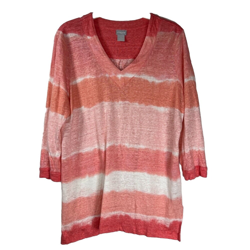 Chicos Beachy Tie Dye Strawberry Tones 3/4 Sleeve top 1 M 6 8